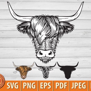 Testa di mucca dell'altopiano. Bovini scozzesi. Taglia file per Cricut. Silhouette ClipArt (eps, svg, pdf, png, dxf, jpeg).