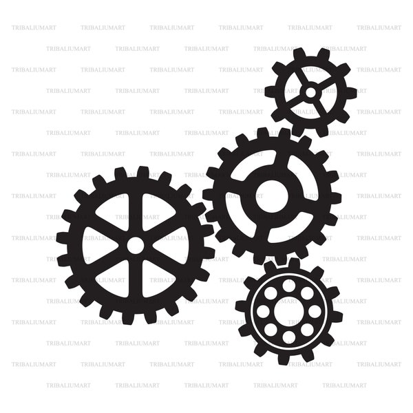 Growing gears (machine cogs). Cut files for Cricut. Clip Art silhouettes (eps, svg, pdf, png, dxf, jpeg).