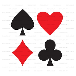 Carte da gioco si adattano simboli - diamanti, fiori, cuori e picche. Tagliare i file per Cricut. Sagome ClipArt (eps, svg, pdf, png, dxf, jpeg).