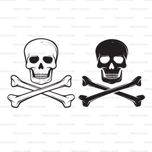 May include: Two black and white skull and crossbones designs. The skull on the left has a more cartoonish style, while the skull on the right is more realistic. Both skulls have a black background.