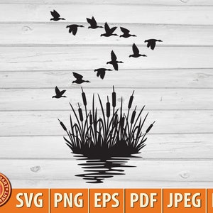 Bandada de patos reales y silueta de fondo de juncos (junco y hierba). Cortar archivos para Cricut. Imágenes prediseñadas (eps, svg, pdf, png, dxf, jpeg).