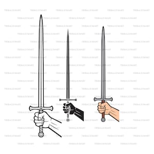 May include: Two illustrations of a sword with a cross guard and a hand holding the hilt. The sword on the left is black and the sword on the right is silver. The hand holding the sword on the left is black and the hand holding the sword on the right is light brown.