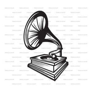 Retro oude grammofoon met hoorn speaker. Cut bestanden voor de Cricut. Clip Art silhouetten (EPS, SVG, PDF, PNG, DXF, JPEG).
