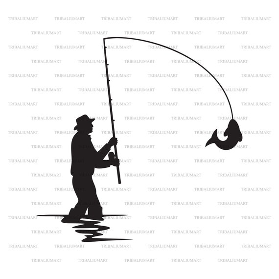 Fisherman caught a fish silhouette (Gone Fishing). Cut files for Cricut.  Clip Art silhouettes (eps, svg, pdf, png, dxf, jpeg).