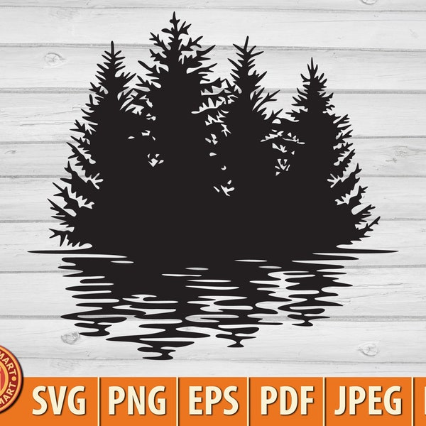 Pine trees (lake and forest). Outdoors mountain scene. Wildlife or camping design. Cut files for Cricut (eps, svg, pdf, png, dxf, jpeg).