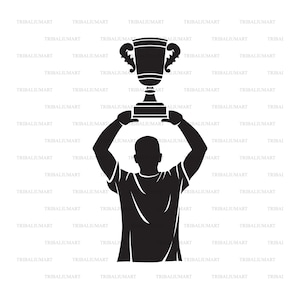 Spieler Heben Trophäe. Champion-Design. Dateien für Cricut ausschneiden. ClipArt Silhouetten (eps, svg, pdf, png, dxf, jpg).