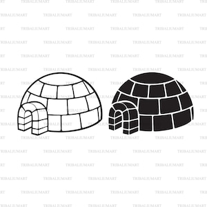 May include: Two black and white illustrations of igloos. The igloos are drawn in a simple style with a rounded top and a rectangular entrance.