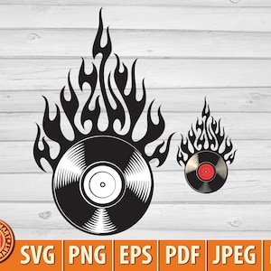 Disco de vinil em chamas (gravando disco de vinil). Cortar arquivos para Cricut. Silhueta de clipart (eps, svg, pdf, png, dxf, jpeg).