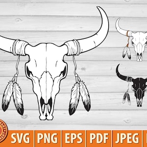 Crâne de taureau ou de vache amérindien avec plumes. Couper des fichiers pour Cricut. Silhouettes clipart (eps, svg, pdf, png, dxf, jpeg).