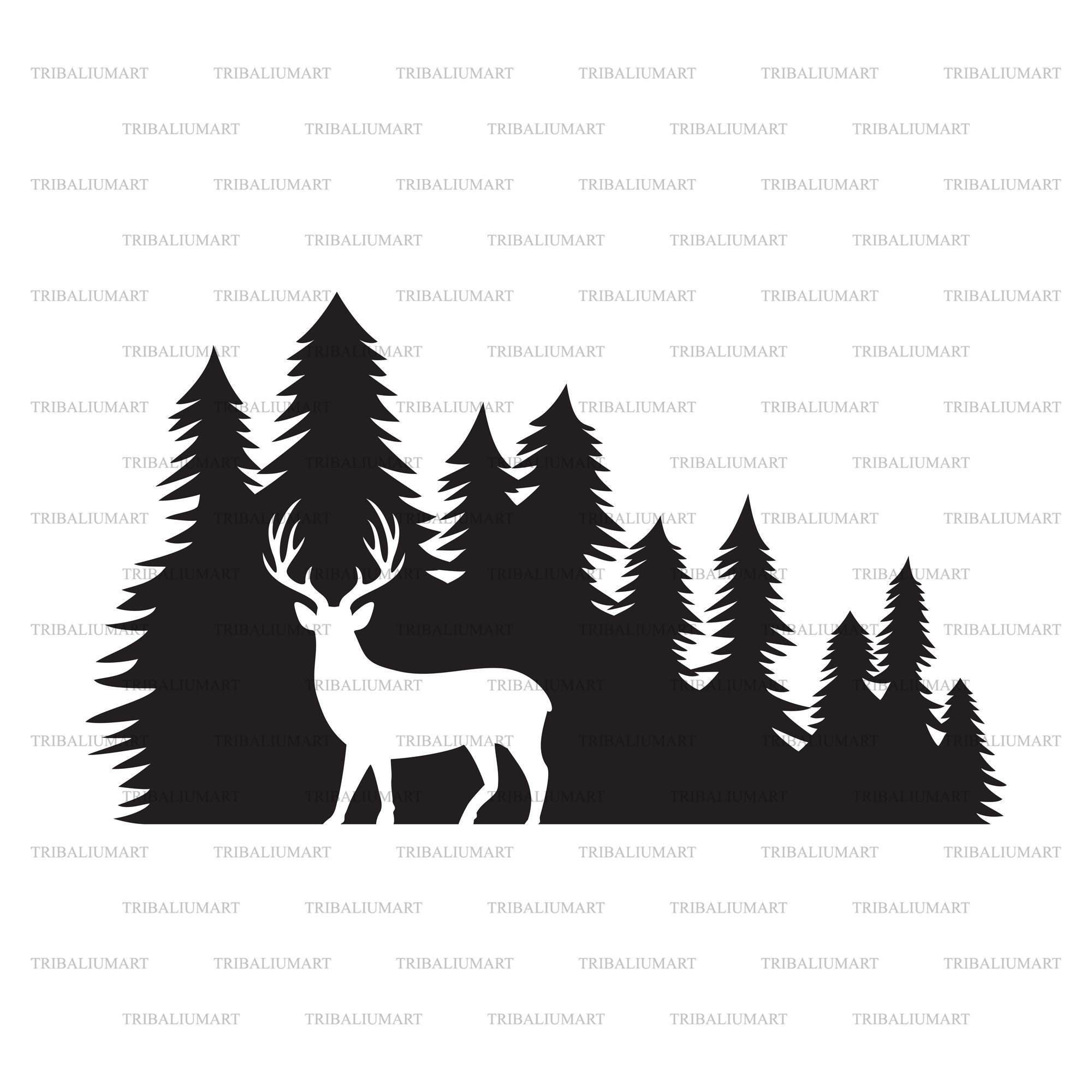 Silhouette of deer in forest landscape hunting design. Cut Etsy