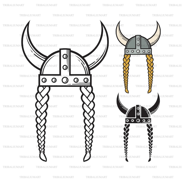 Viking helmet with braids and horns. Cut files for Cricut. Clip Art silhouettes (eps, svg, pdf, png, dxf, jpeg).