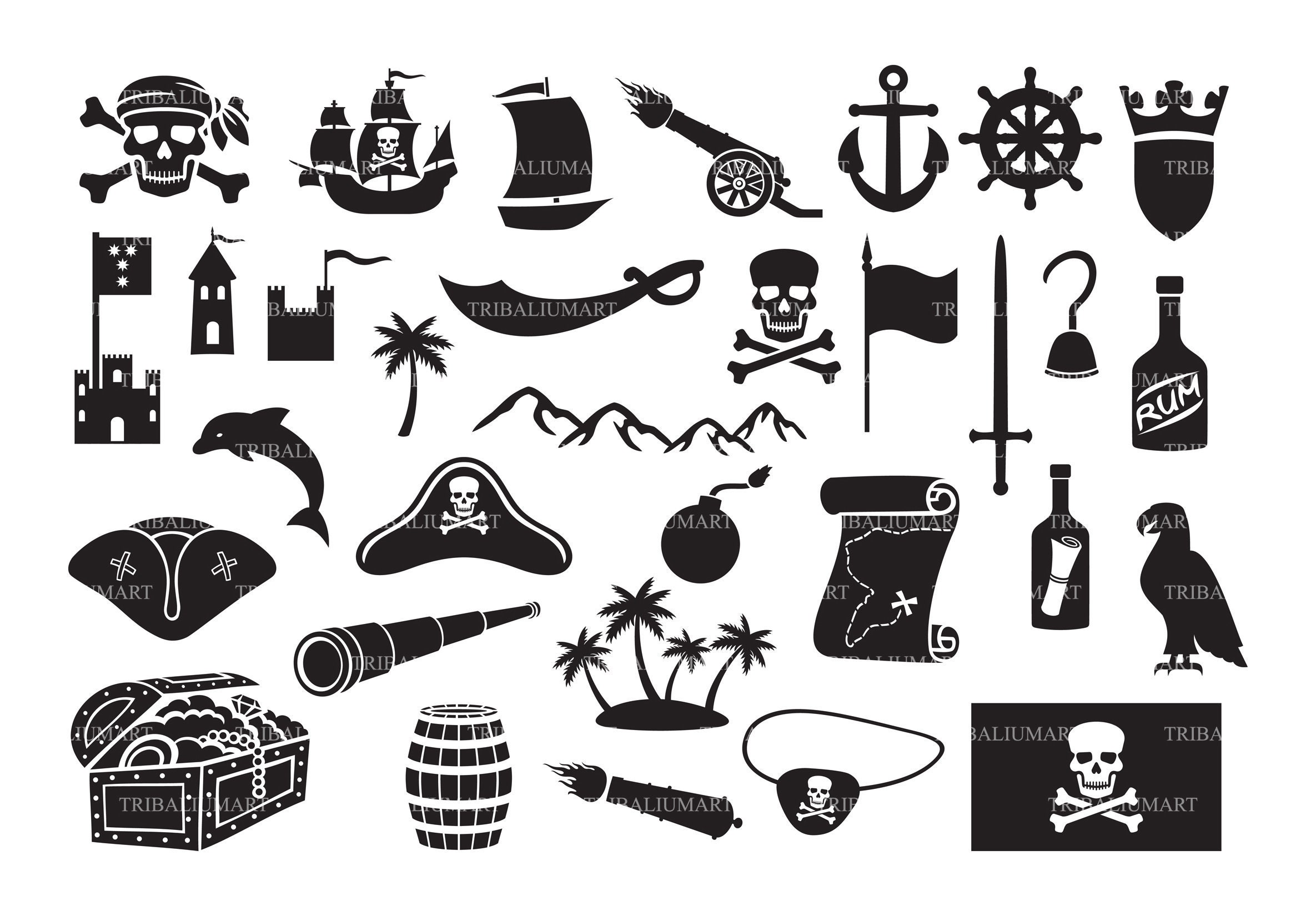 Piratas Iconos Conjunto De Vectores Sobre Fondo Blanco. Estándar Pirata  Accesorios Mapa Del Tesoro, Barco, Loro, Ron, Jolly Rodger, Gancho, Etc  Aislado Símbolos Sobre El Tema De Los Piratas En Un Estilo
