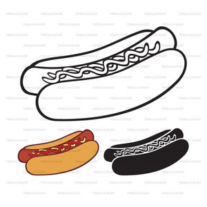 Könnte beinhalten: Zwei Hotdogs, einer mit Senf und Ketchup, der andere mit einem Klecks weißer Sauce. Der Hotdog mit Senf und Ketchup ist farbig, während der andere schwarzweiß ist.