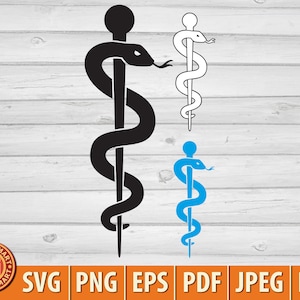Símbolo médico cobra caduceu com bastão (emblema de farmácia, bastão de Asclépio). Corte arquivos para Cricut (eps, svg, pdf, png, dxf, jpeg).