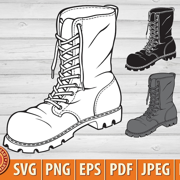 Botte militaire en cuir. Couper des fichiers pour Cricut. Silhouettes clipart (eps, svg, pdf, png, dxf, jpeg).