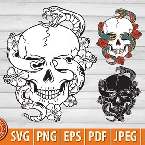 Tatouage de crâne old school avec serpent. Couper des fichiers pour Cricut. Clip Art (eps, svg, pdf, png, dxf, jpeg).