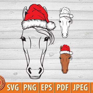Kerst paardenhoofd met kerstmuts. Nieuwjaar ontwerp. Bestanden knippen voor Cricut. Clip Art silhouetten (eps, svg, pdf, png, dxf, jpeg).