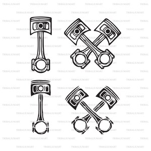 May include: Black and white illustration of three crossed engine pistons. The pistons are drawn in a stylized, vintage style.