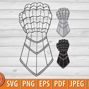 May include: A black and white line drawing of a medieval gauntlet, a type of protective glove worn by knights. The gauntlet is shown in three different views: a front view, a side view, and a back view.
