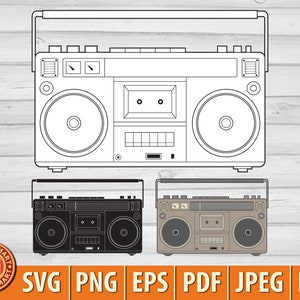 Kassetten-Tonbandgerät. Radio Ghettoblaster. Schneide Dateien für Cricut. Clip Art Silhouette (eps, svg, pdf, png, dxf, jpeg).