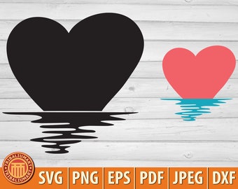 Reflet de coeur au coucher du soleil. Fichiers de découpe pour Cricut. Silhouette clipart (eps, svg, pdf, png, dxf, jpeg).