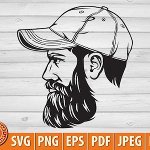 Hipster Mode Mann mit Baseballkappe und Bart. Schneide Dateien für Cricut. Clip Art Silhouetten (eps, svg, pdf, png, dxf, jpeg).