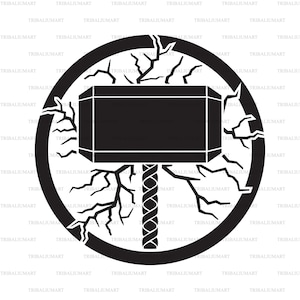 May include: Black and white illustration of a hammer with a lightning bolt design. The hammer is surrounded by a circle with a braided rope design.