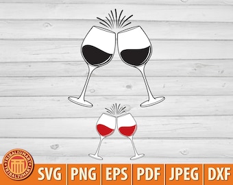 Red wine in two glasses. Clinking glasses. Cheers. Cut files for Cricut. Clip Art silhouette (eps, svg, pdf, png, dxf, jpeg).