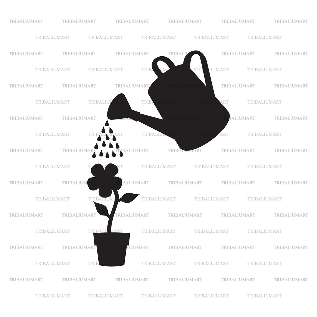 Watering Can and Flower in Pot. Cut Files for Cricut. Clip Art Silhouettes eps, Svg, Pdf, Png