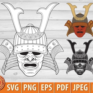 Samurai masker. Japans krijgerspantser. Bestanden knippen voor Cricut. Clip Art-silhouet (eps, svg, pdf, png, dxf, jpeg).