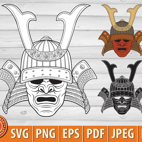 Samurai Mask. Japan Warrior Armor. Cut files for Cricut. Clip Art silhouette (eps, svg, pdf, png, dxf, jpeg).