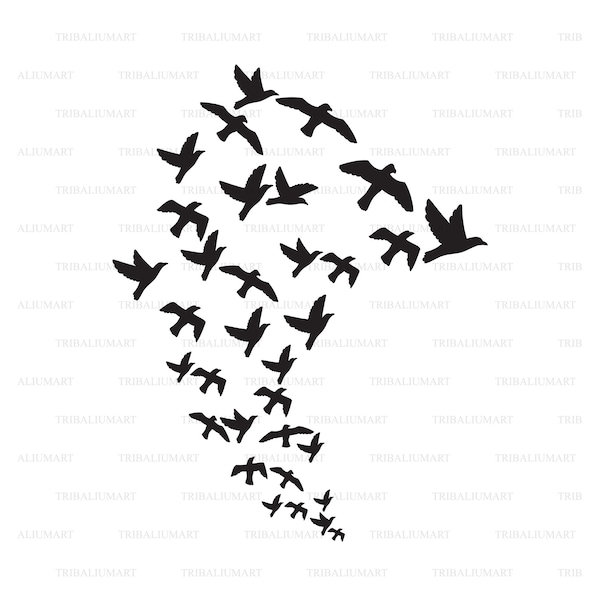 Flock of flying birds. Cut files for Cricut. Clip Art silhouettes (eps, svg, pdf, png, dxf, jpeg).