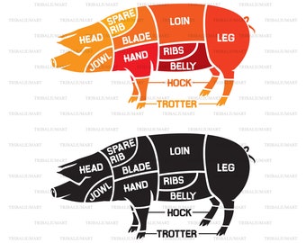 Pork meat cuts - butcher diagram. Cut files for Cricut. Clip Art silhouettes (eps, svg, pdf, png, dxf, jpeg).