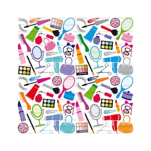 Könnte beinhalten: Eine bunte Illustration verschiedener Make-up- und Beauty-Artikel, darunter Lippenstift, Lidschattenpaletten, Pinsel, Kämme, Haartrockner und Spiegel. Die Artikel sind in Herzform angeordnet.