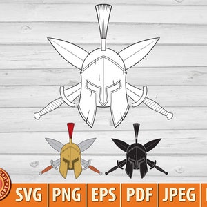 Casque spartiate antique (guerrier) et épées spartiates croisées. Fichiers de découpe pour Cricut. Silhouette clipart (eps, svg, pdf, png, dxf, jpeg).