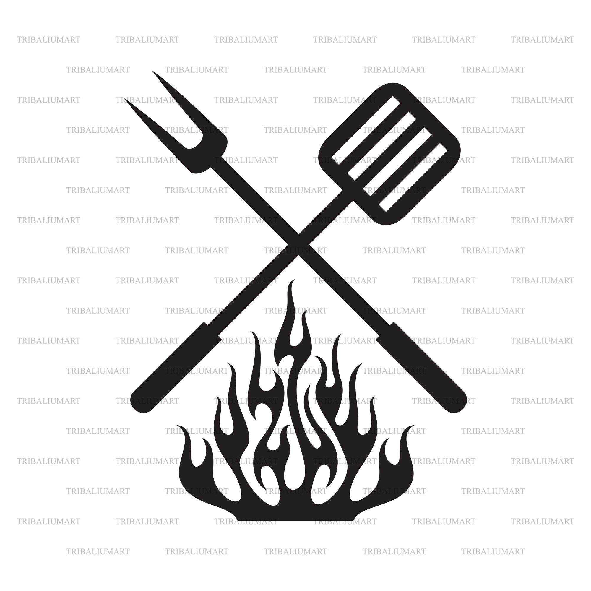 Grill Design Barbecue. Crossed Spatula and Fork With Fire. Etsy