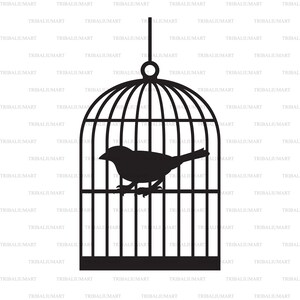 De vogel in de kooi. Cut bestanden voor de Cricut. Clip Art silhouet (EPS, SVG, PDF, PNG, DXF, JPEG).