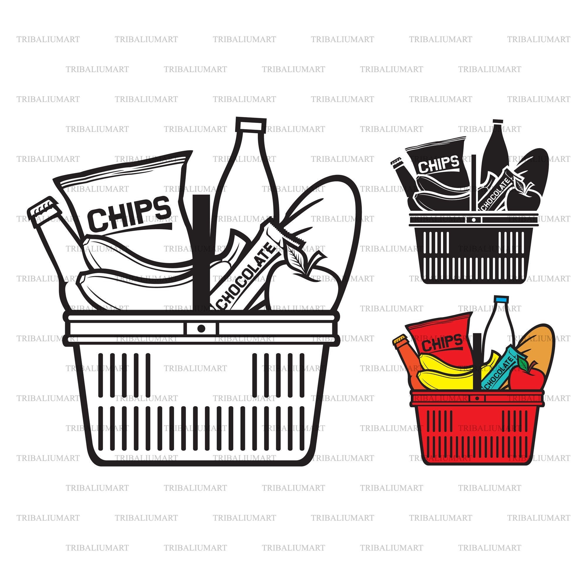 Food and drinks in shopping basket. Cut files for Cricut. Clip Art silhouettes (eps, svg, pdf, png, dxf, jpeg).