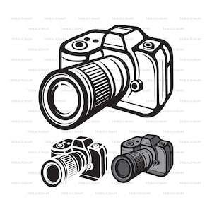 May include: Three black and white illustrations of cameras. The top camera is a DSLR with a large lens. The two cameras below are smaller and have a more compact design.