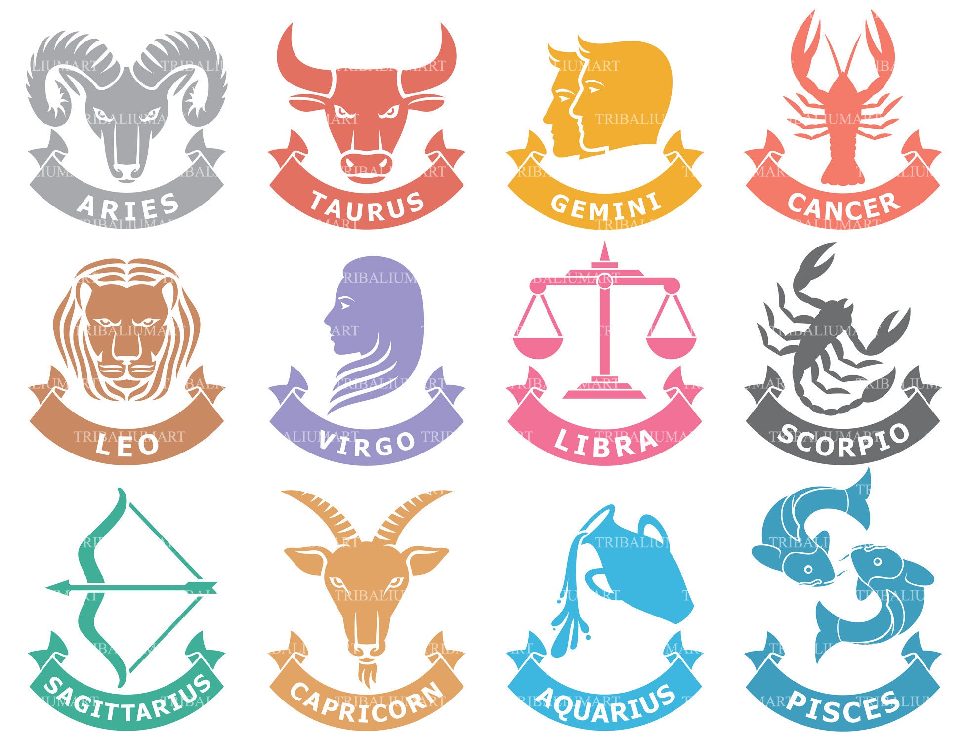 Zodiac signs, set of horoscope symbols, astrology icons collection. Clip  Art silhouettes (eps, svg, pdf, png, dxf, jpeg).