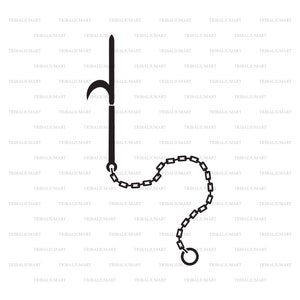 May include: A black metal hook with a chain attached to a ring. The hook is curved and has a sharp point. The chain is made of metal links.