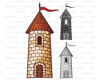Medieval fortified tower (old castle). Cut files for Cricut. Clip Art silhouettes (eps, svg, pdf, png, dxf, jpeg).
