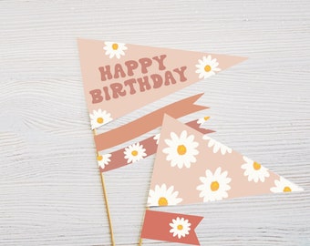 Flower Power Daisy Floral Groovy Birthday Party FLAGS- PENNANTS Pink Kids Printable Digital Download
