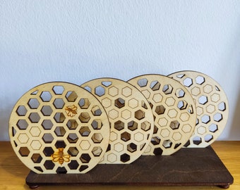 Untersetzer modernes Set, Honeycomb Bienendekor, mit Basen Holzuntersetzer Biene, Lasercut-Dateien AI,DXF