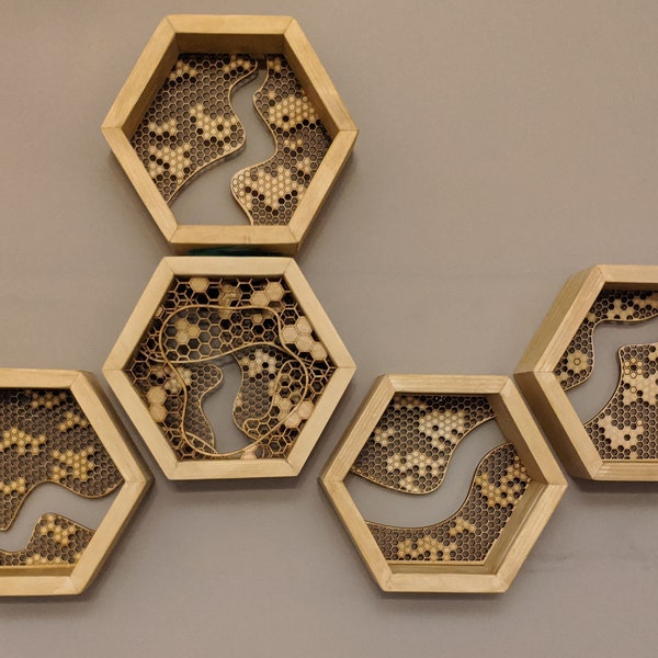 Ensemble en bois de créateur fait à la main, étagères en nid d’abeille, étagères en bois hexagonales, abeilles, chambre à coucher, étagères de salon, étagères du milieu du siècle