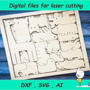 Puzzle Toy Animals vector cut file, Jigsaw Puzzle, Montessori educational toys laser model,pattern, Waldorf toys,laser cut vector ai,dxf,svg