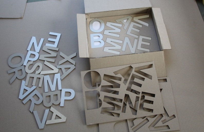 Puede incluir: Un conjunto de letras de metal plateado, incluyendo las letras A, B, E, M, N, O, P, R, S, T, V, X e Y, est&aacute;n esparcidas sobre una superficie marr&oacute;n. Una caja de cart&oacute;n con un recorte de las letras O, B, E, N y E est&aacute; abierta y vac&iacute;a. Una plantilla de cart&oacute;n con las letras O, B, E, N y E recortadas est&aacute; sobre la superficie.