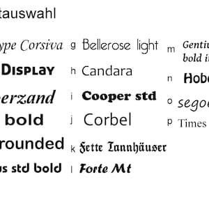 Puede incluir: Una lista de diferentes nombres de fuentes en texto negro sobre fondo blanco. Los nombres de las fuentes se enumeran en orden alfab&eacute;tico con una letra y un n&uacute;mero junto a cada nombre de fuente. Los nombres de las fuentes incluyen Monotype Corsiva, Aller Display, Amperzand, Arial bold, Arial rounded, Bauhaus std bold, Bellerose light, Candara, Cooper std, Corbel, Fette Tannh&auml;user, Forte Mt, Gentium Basic bold italic, Hobo, segoe print y Times New Roman.