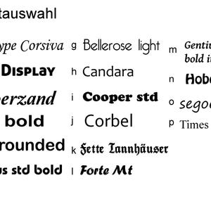 May include: A list of different font names in black text on a white background. The font names are listed in alphabetical order with a letter next to each font name. The font names include Monotype Corsiva, Aller Display, Amperzand, Arial bold, Arial rounded, Bauhaus std bold, Bellerose light, Candara, Cooper std, Corbel, Fette Tannh&auml;user, Forte Mt, Gentium Basic bold italic, Hobo, segoe print, and Times New Roman.