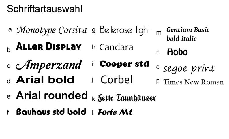 May include: A list of different font names in black text on a white background. The font names are listed in alphabetical order with a letter next to each font name. The font names include Monotype Corsiva, Aller Display, Amperzand, Arial bold, Arial rounded, Bauhaus std bold, Bellerose light, Candara, Cooper std, Corbel, Fette Tannh&auml;user, Forte Mt, Gentium Basic bold italic, Hobo, segoe print, and Times New Roman.